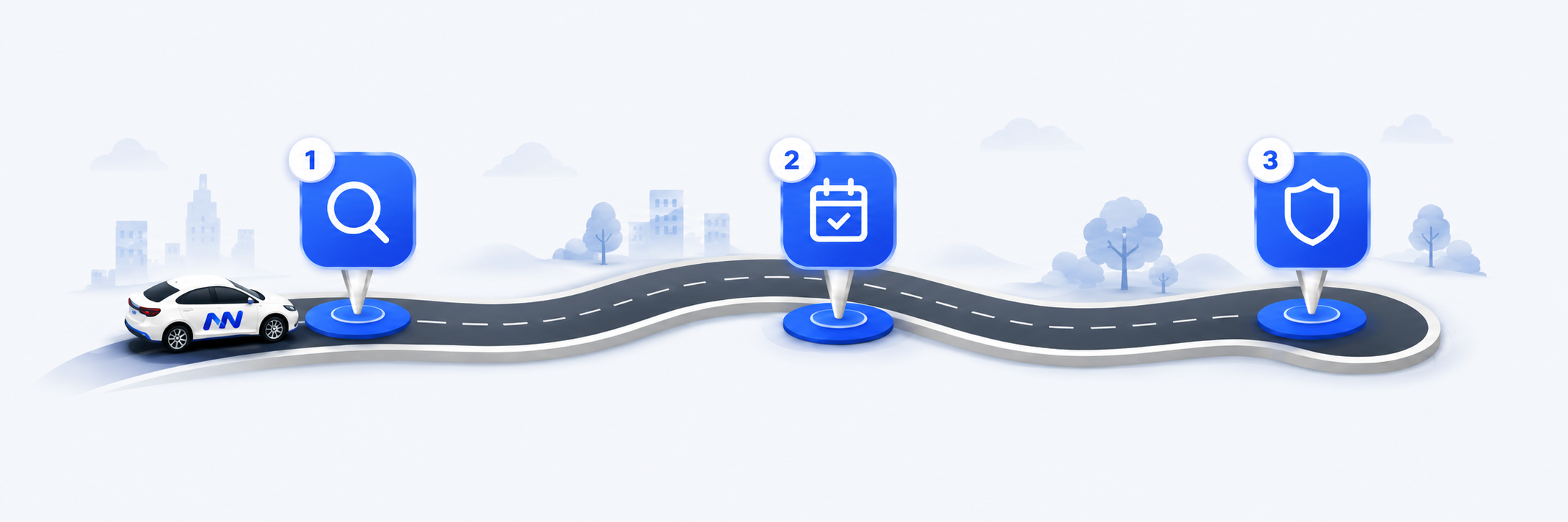 NexAutoHub 3-step journey: Search, Book, Track